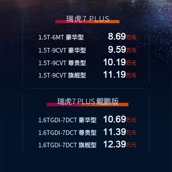 ​瑞虎7 PLUS開啟預售！內外設計小變動，新增鯤鵬1.6T