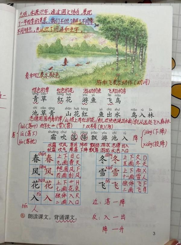 一年級語文下冊前面四課的課堂筆記