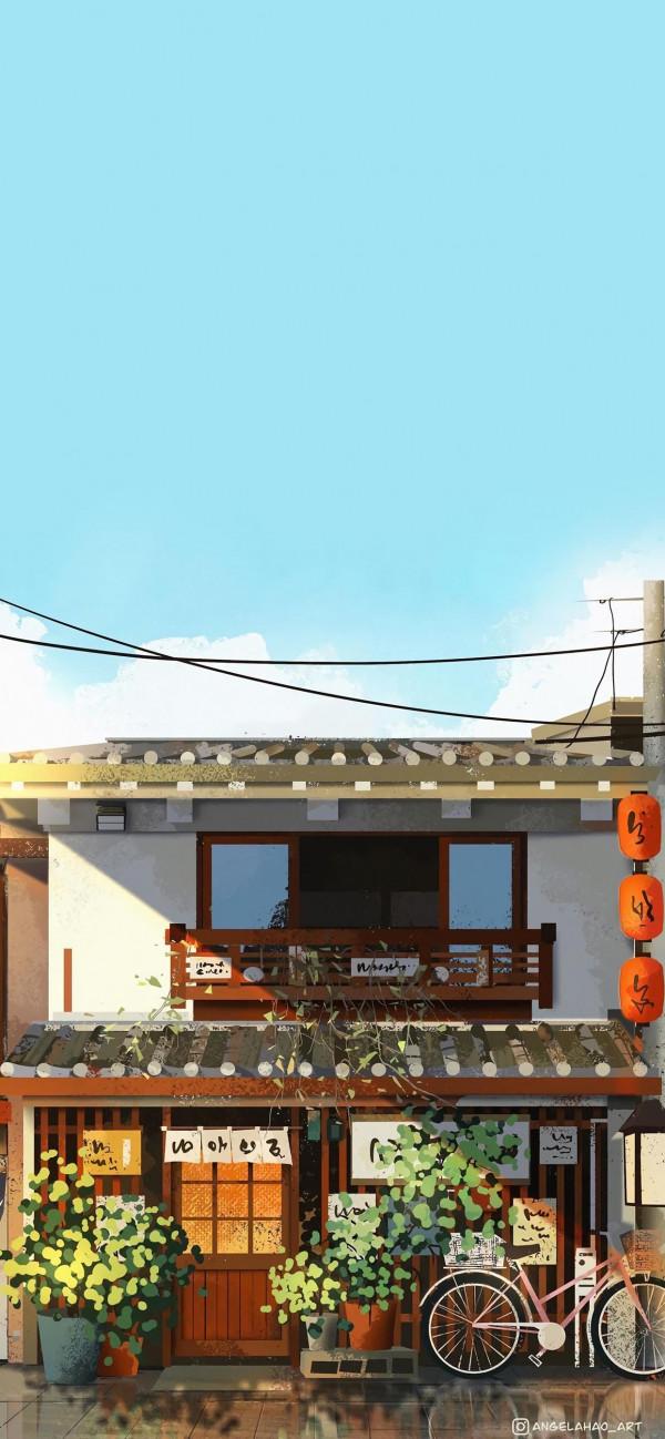 小清新動漫插畫桌布，治癒的街邊小店