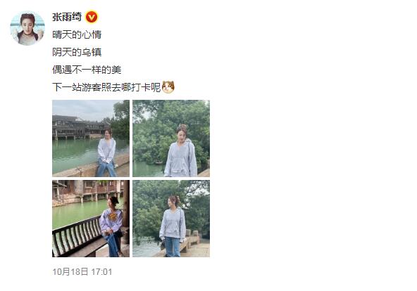 張雨綺穿“破爛”衛衣現身烏鎮 曬遊客照心情好