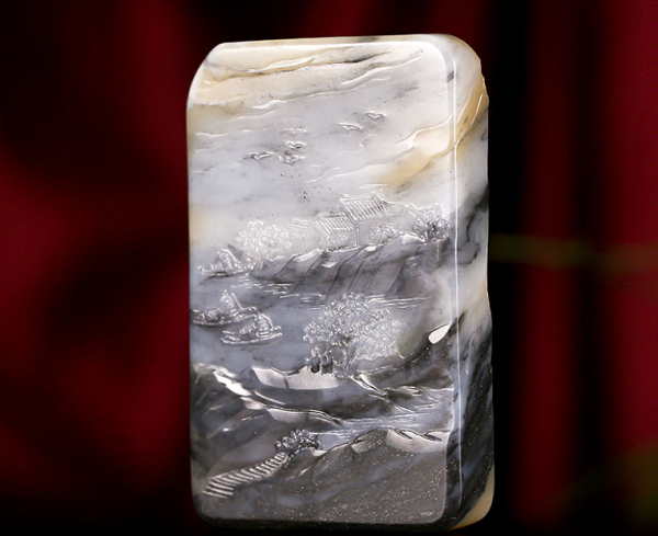 青花籽料玉牌，江南山水