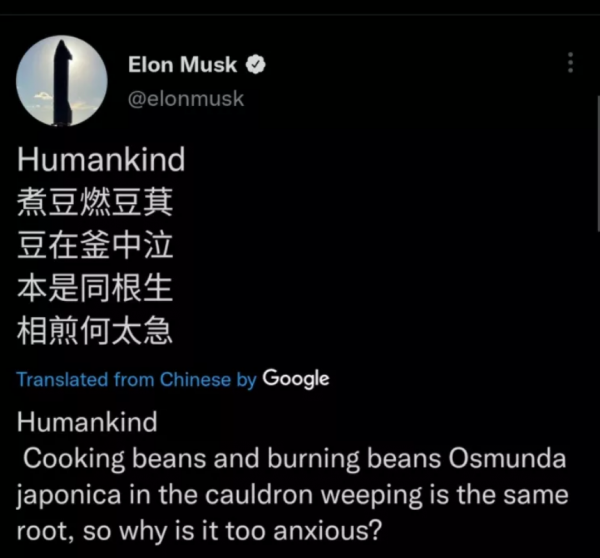 馬斯克發曹植《七步詩》,外國網友:這是一道菜? 馬斯克發曹植《七步詩》,外國網友:這是一道菜?