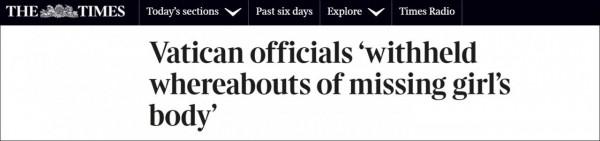 羅馬檢察官指控梵蒂岡掩蓋真相,拒絕透露失蹤38年女生屍體下落 羅馬檢察官指控梵蒂岡掩蓋真相,拒絕透露失蹤38年女生屍體下落