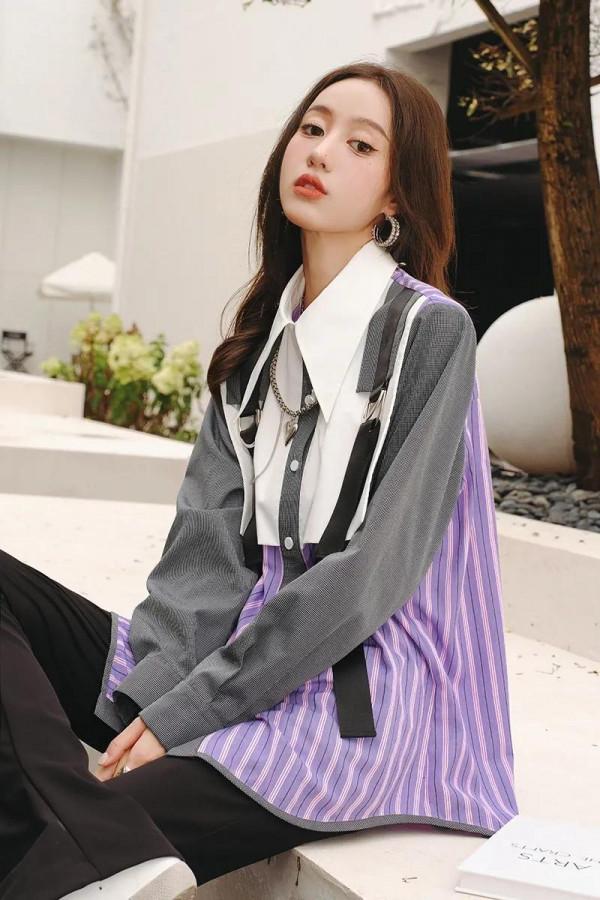 歐版時尚街頭工裝風襯衫假兩件揹帶