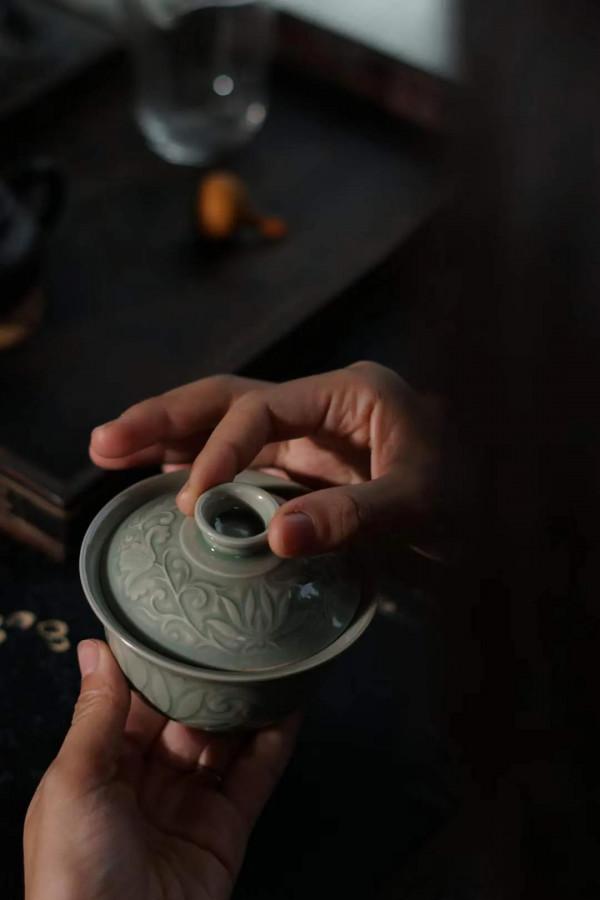 意叄陶瓷出品：耀州窯蓮荷紋蓋碗