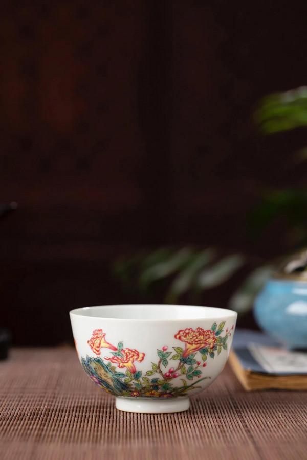 精工手繪粉彩雞冠花詩文主人杯 景德鎮陶瓷瓷器茶具茶杯