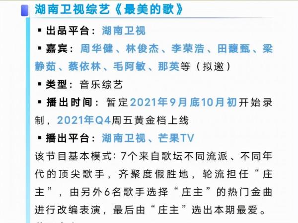 《最美的歌》嘉賓名單曝光，芒果臺又一音綜開播在即，爆款預定？