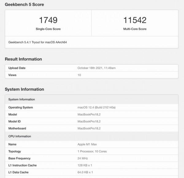 蘋果MacBook Pro M1 Max版Geekbench跑分曝光