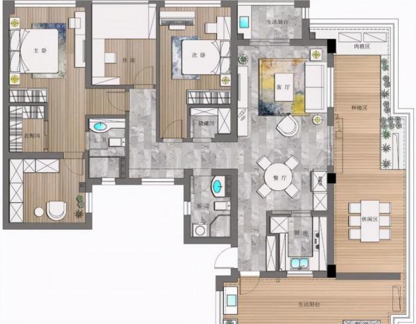 128平現代風三居室灰牆面綠畫，簡約時尚又好看