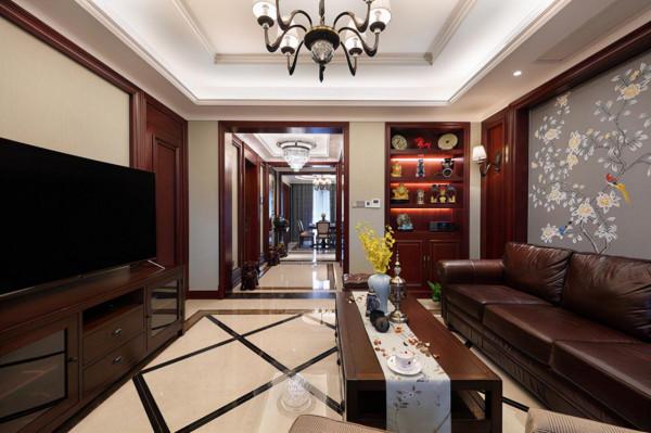 155平美式風三居室客廳望向餐廳整體紅色調，讓人感覺無比溫馨