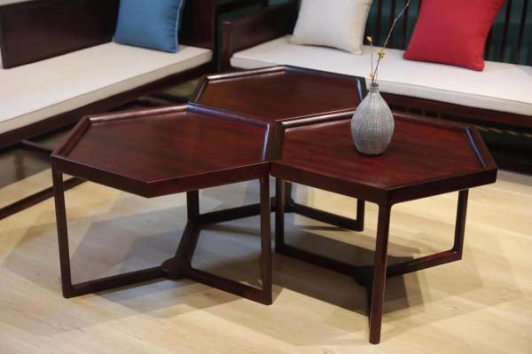 尚比亞血檀新中式沙發十件套「集簡」疏影元素靠背 多邊形茶几