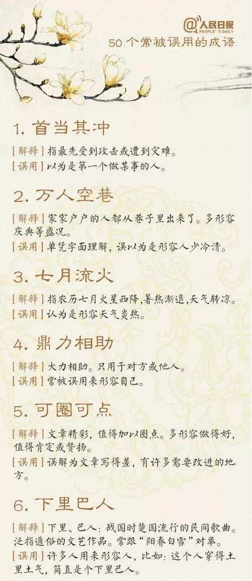 人民日報整理的50個常被誤用的成語（家有學生建議給孩子收藏）