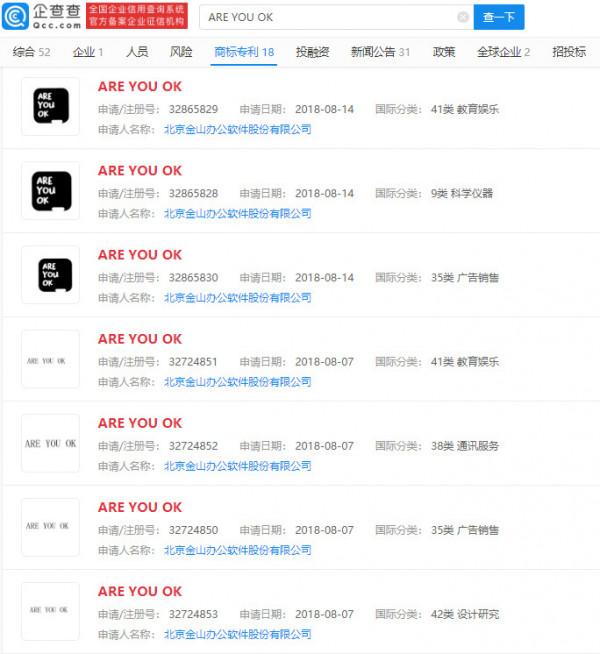 金山辦公申請雷軍“ARE YOU OK”商標被駁回