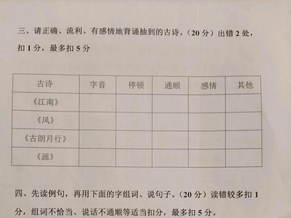 一年級小學生沒有筆試，只有這樣一份口語測試卷，期末就看它了