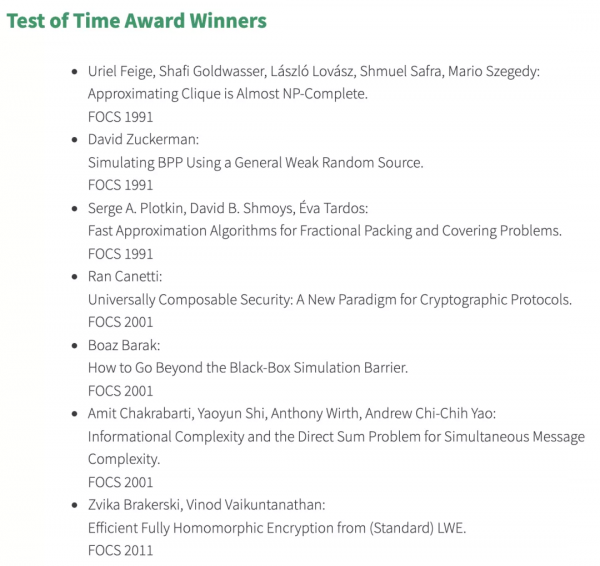 姚期智施堯耘獲FOCS 2021時間檢驗獎，MIT毛嘯摘最佳學生論文獎