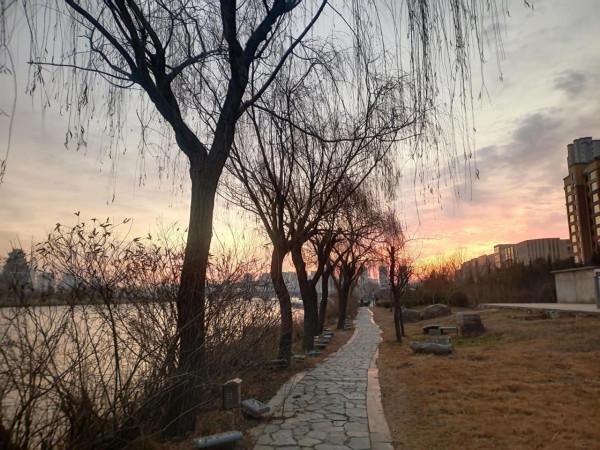 早晨的文亭湖，朝霞滿天