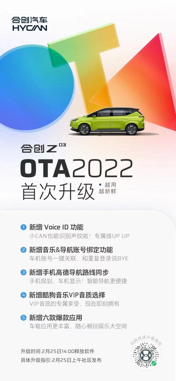 合創Z03迎來2022年首次OTA升級