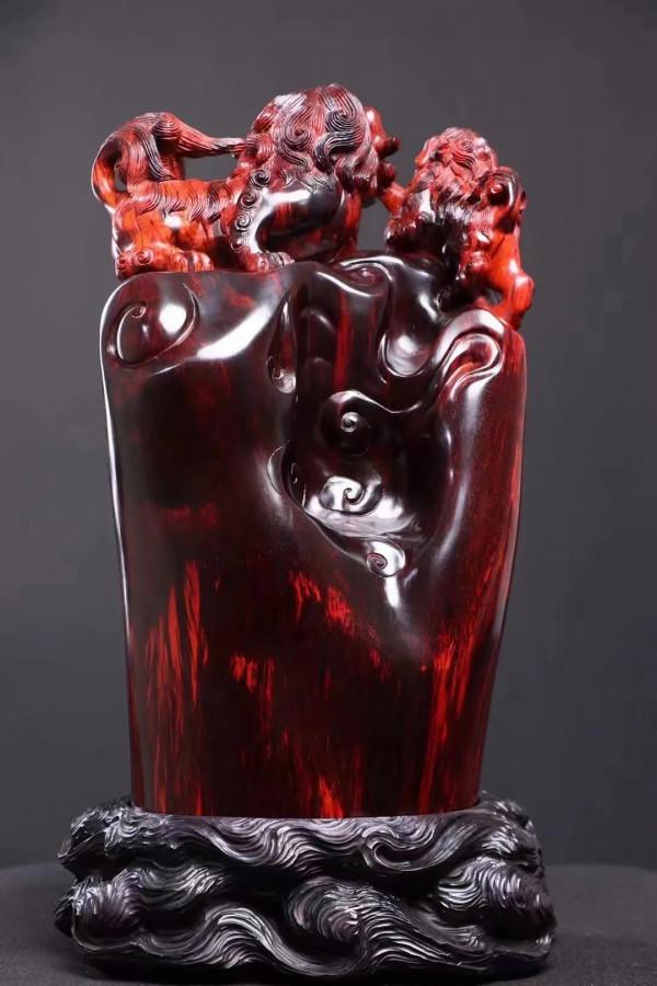 紫檀大木雕雙獅爭霸！好一個事事如意！好一個手工木雕