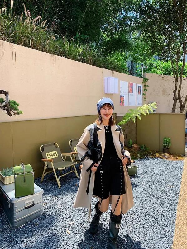 歐版寬鬆秋新款英倫風卡其色風衣 蝴蝶結假兩件拼接長款外套