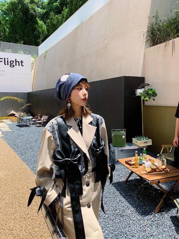 歐版寬鬆秋新款英倫風卡其色風衣 蝴蝶結假兩件拼接長款外套