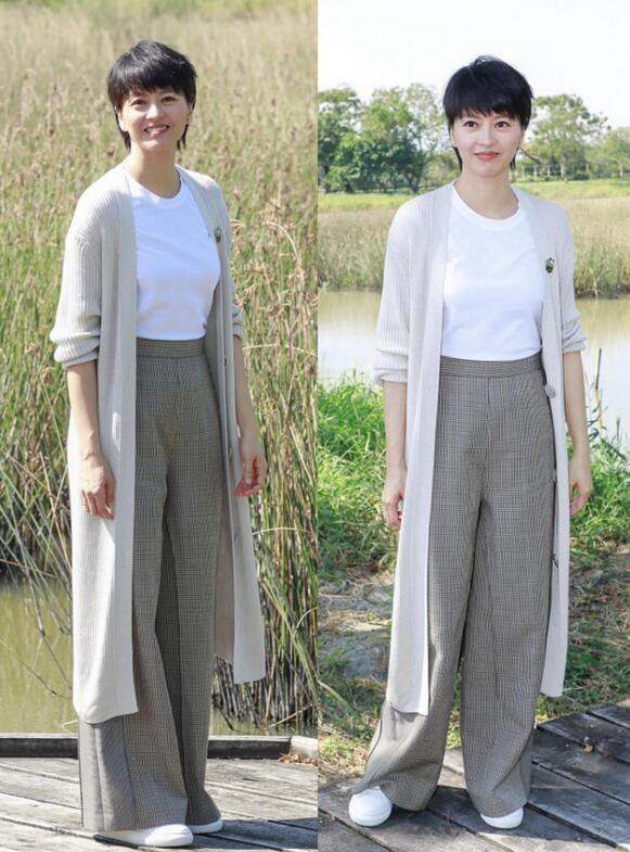 45歲梁詠琪氣質真好！長款奶奶衫穿出高階感，面板光滑無一絲皺紋
