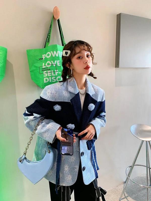 時尚撞色拼接假兩件藍色提花西裝外套 廓形編織呢上衣