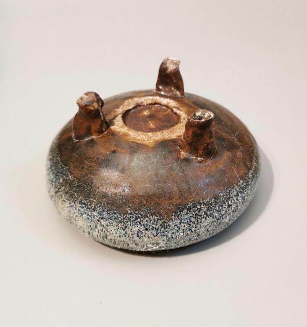 婺州窯.元代.“天藍釉.醬底.藍白兔毫窯變三足洗”古代南方分相釉