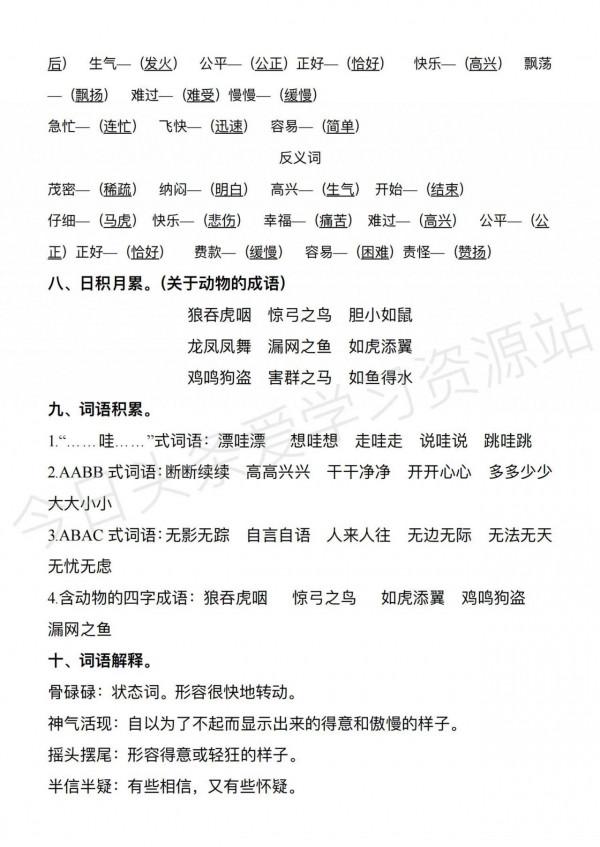 二年級語文上冊全冊重要知識點，期末總複習資料