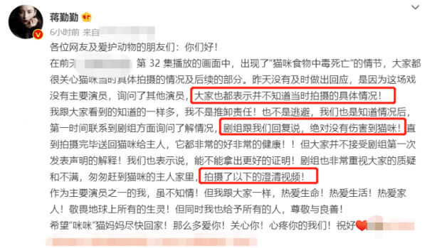 蔣勤勤回應“疑似虐貓”事件!拍攝時不在現場,否認故意推卸責任 蔣勤勤回應“疑似虐貓”事件!拍攝時不在現場,否認故意推卸責任