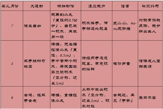 12月以內嬰兒五個關鍵方面發育指標整理