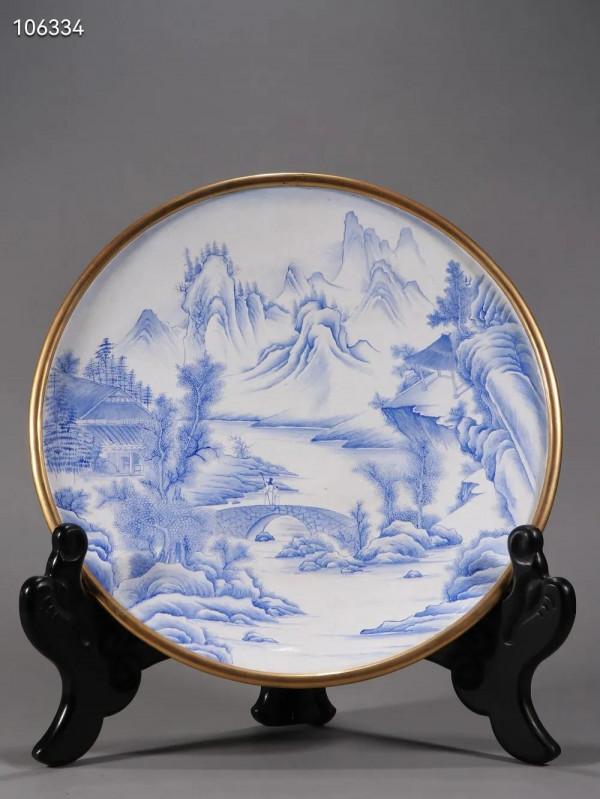 清乾隆 紫銅胎畫琺琅山水人物意境賞盤