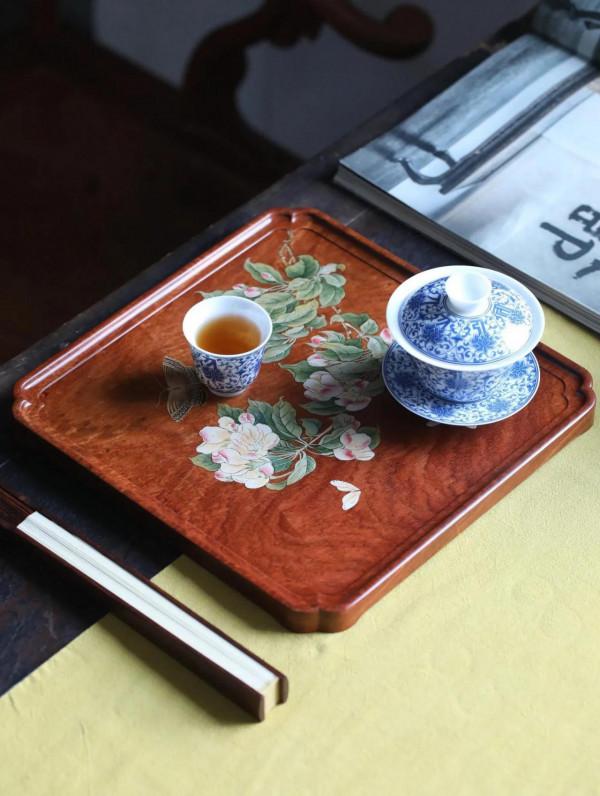 緬甸花梨乾泡茶盤碟戀花