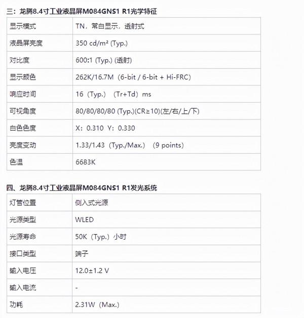 龍騰8.4寸液晶屏M084GNS1 R1引數介紹