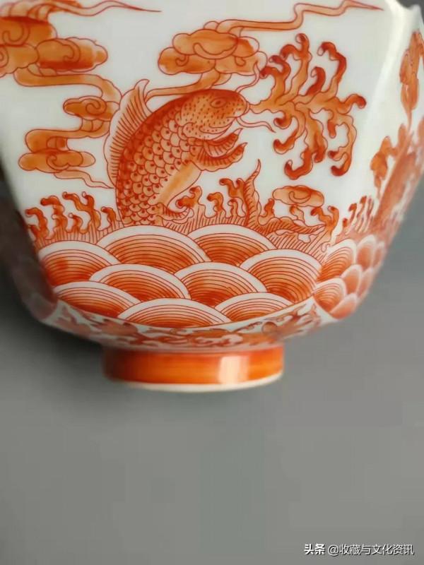 清晚期礬紅白描金六角鯉魚躍龍門瓷器鑑賞