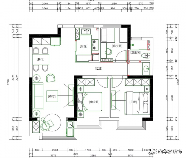98㎡現代小三居，中間戶型無玄關、暗廚房問題巧妙解決
