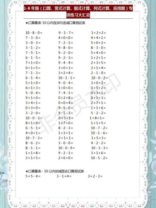 1-6年級計算題大彙總 1-6年級計算題大彙總