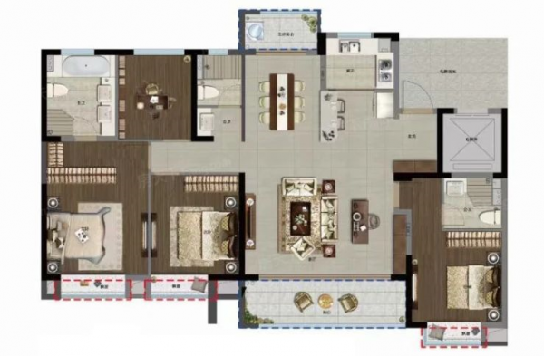 戶型鑑賞：五開間朝南，169㎡的戶型，南向開間達約16.4米