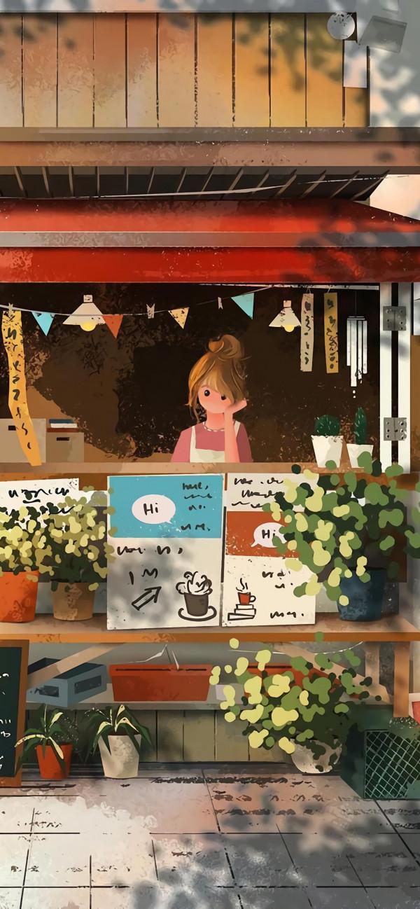 小清新動漫插畫桌布，治癒的街邊小店