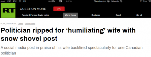 加拿大一政客發推讚美妻子&OpenCurlyDoubleQuote;工作12小時後還剷雪&rdquo;，不料被網友痛批