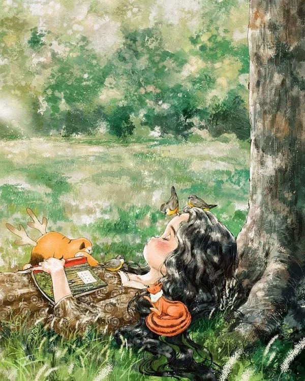 每日插畫｜aeppol的治癒系森林少女日記，休息一會兒再走也沒關係