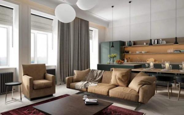 124平原木色與綠色搭配的櫥櫃，是客廳一道亮麗的風景線