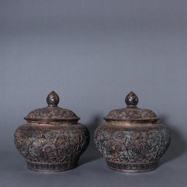 迴流 純銀鏨刻纏枝紋蓋罐一對