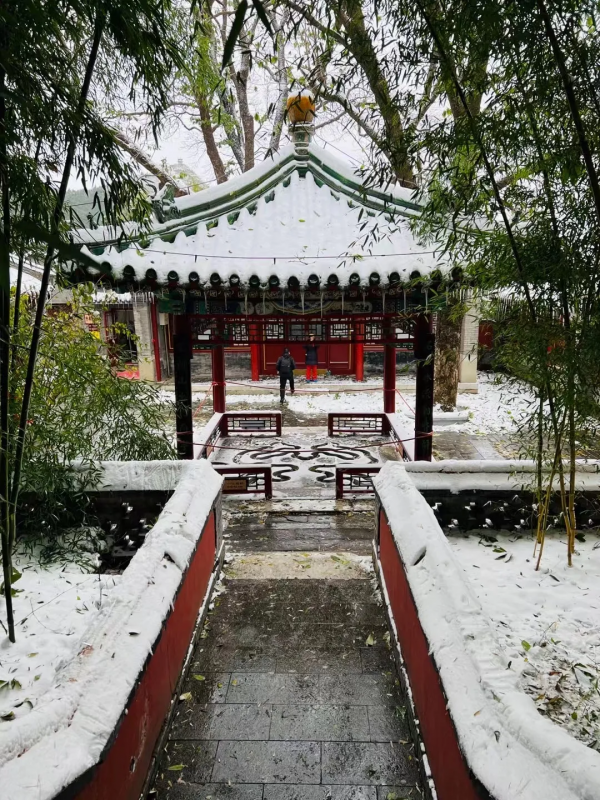 門城一夜雪，萬山披銀裝！