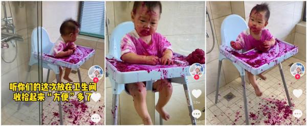 娃吃一頓飯能把自己弄多髒？寶寶學吃飯，寶媽能省事的方法在這裡