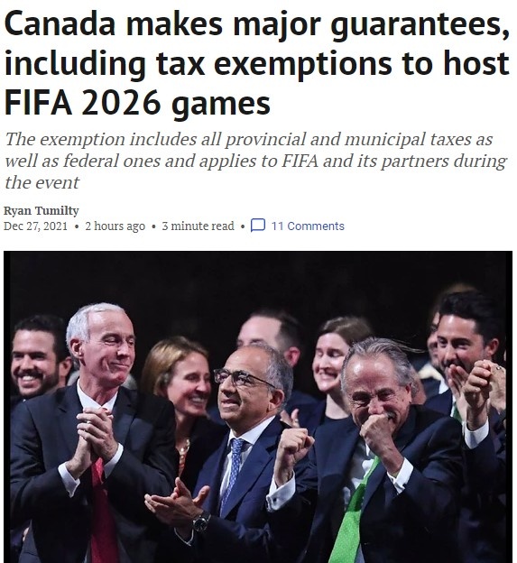 加媒:為獲得2026世界盃承辦權,加拿大承諾對FIFA免稅和免簽證 加媒:為獲得2026世界盃承辦權,加拿大承諾對FIFA免稅和免簽證