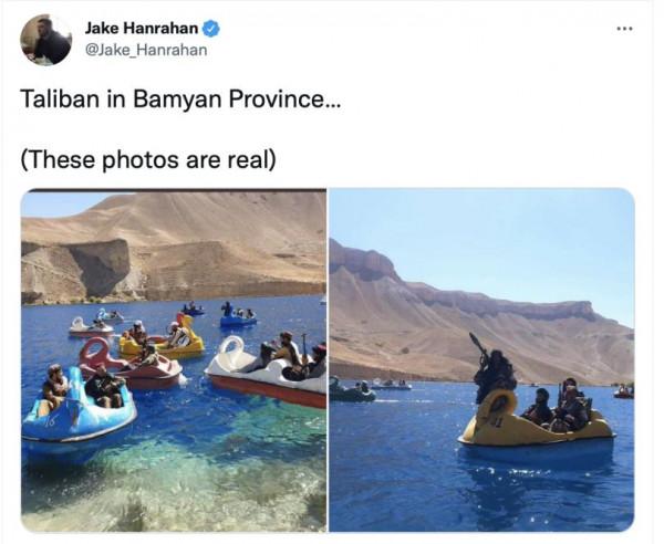 英國記者發“塔利班士兵在阿富汗湖上坐腳踏船”照片,網友震驚 英國記者發“塔利班士兵在阿富汗湖上坐腳踏船”照片,網友震驚