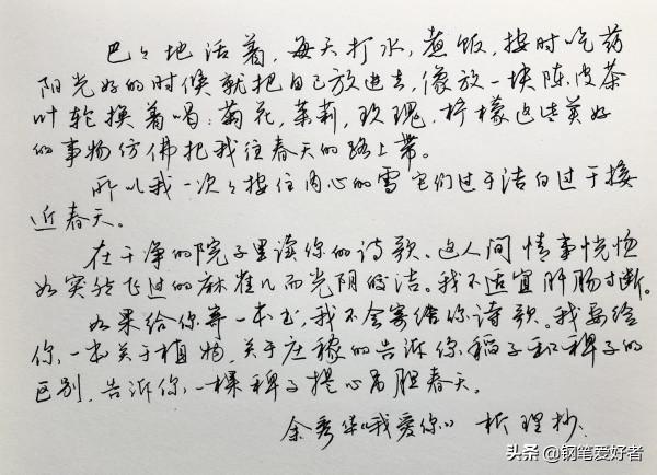 Evan Li點評餘秀華詩詞《我愛你》鋼筆字練字打卡作業欣賞