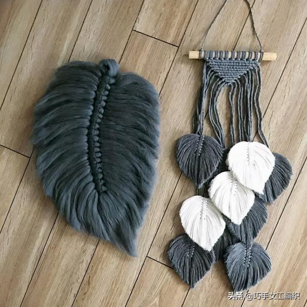 用剩餘的棉繩編了幾片葉子，組合起來簡直美翻了，鄰居都要學起來