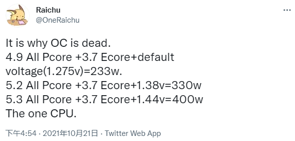 又一基準測試流出:零售版i9-12900K出廠即灰燼 超頻功耗暴漲 又一基準測試流出:零售版i9-12900K出廠即灰燼 超頻功耗暴漲