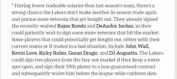 美媒列湖人買斷市場5大目標!籤第14人或留後手,終極補強再衝冠 美媒列湖人買斷市場5大目標!籤第14人或留後手,終極補強再衝冠